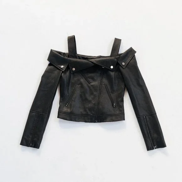 BCBGMAXAZRIA Clyde Cold-Shoulder Faux-Leather Moto Jacket in black size - Picture 5 of 7